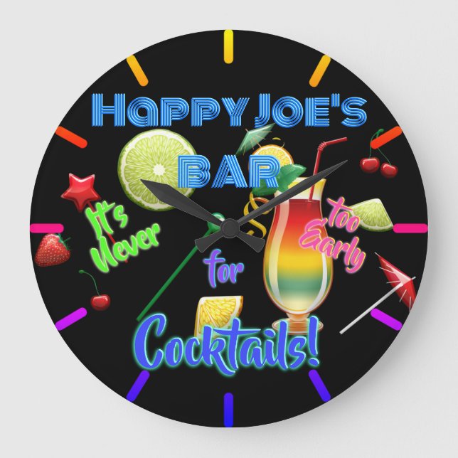 Never Too Early for Cocktails Neon Personalised Large Clock (Front)