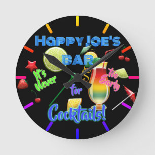 Never Too Early for Cocktails Neon Personalised Round Clock