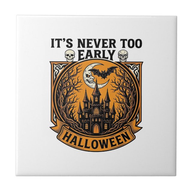 Never Too Early Halloween Haunted House Moon Bat_1 Ceramic Tile (Front)