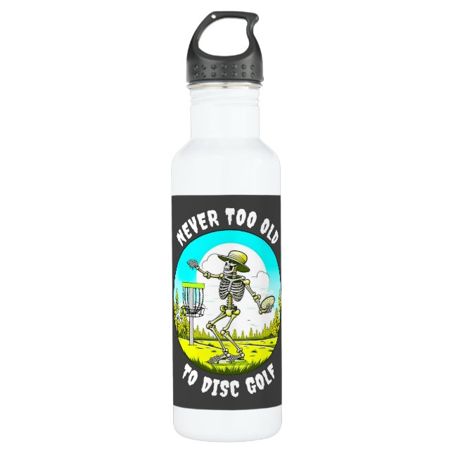 Never Too Old to Disc Golf | Skeleton Throwing 710 Ml Water Bottle (Front)