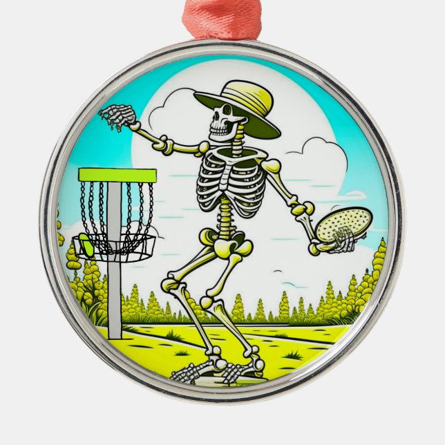 Never Too Old to Disc Golf | Skeleton Throwing Metal Ornament (Front)