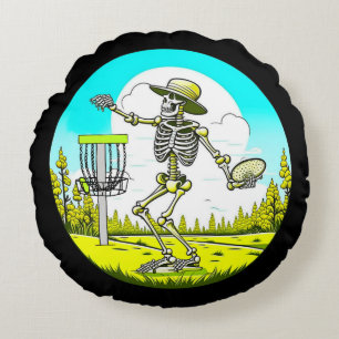 Never Too Old to Disc Golf   Skeleton Throwing Round Cushion