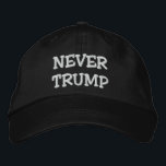NEVER TRUMP EMBROIDERED HAT<br><div class="desc">You can't accept the fact that Donald Trump is the Republican nominee for president and you are darn sure you aren't voting for him?Let people know with this product from our store. Includes white 'Never Trump' text against a red or black background. If you would like us to create a...</div>
