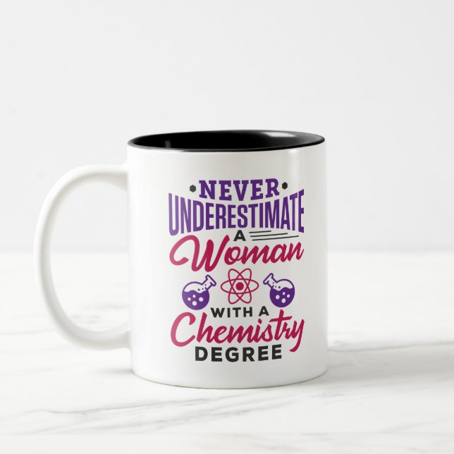 Never Underestimate a Woman with Chemistry Degree Two-Tone Coffee Mug (Left)
