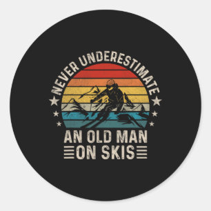 Never Underestimate An Old Man On Skis Funny Skiin Classic Round Sticker