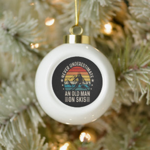Never Underestimate An Old Man On Skis Retro Ceramic Ball Christmas Ornament