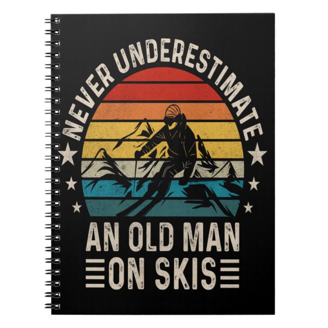 Never Underestimate An Old Man On Skis Retro  Notebook (Front)