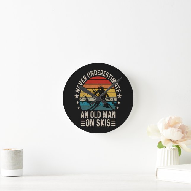 Never Underestimate An Old Man On Skis Retro  Round Clock (Home)