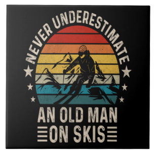 Never Underestimate An Old Man On Skis Retro Sunse Ceramic Tile
