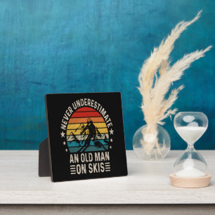 Never Underestimate An Old Man On Skis Retro Sunse Plaque