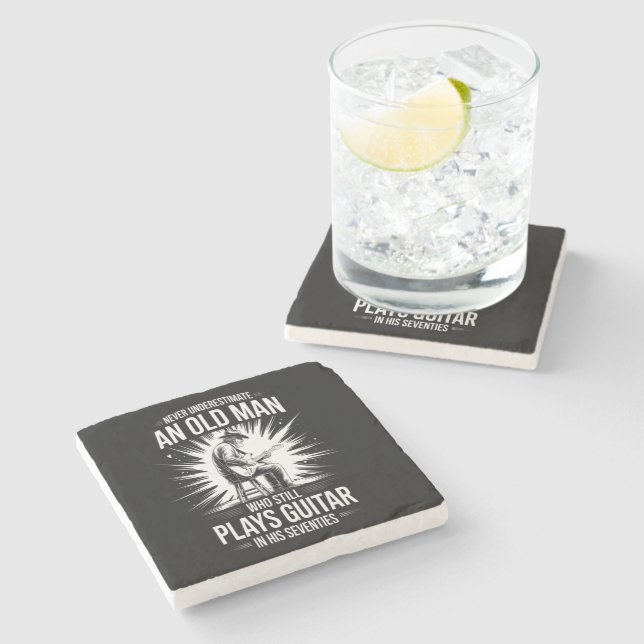 Never Underestimate an Old Man Plays Guitar Stone Coaster (Side)