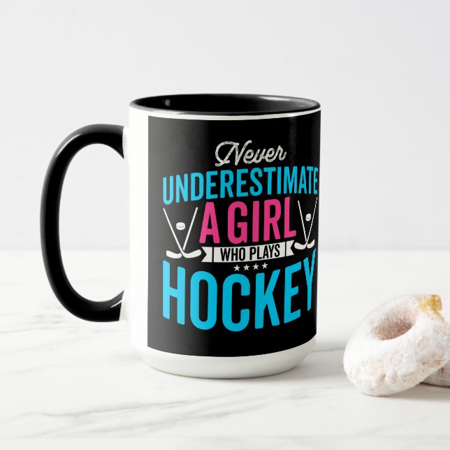 Never Underestimate Girl Hockey Mug (With Donut)