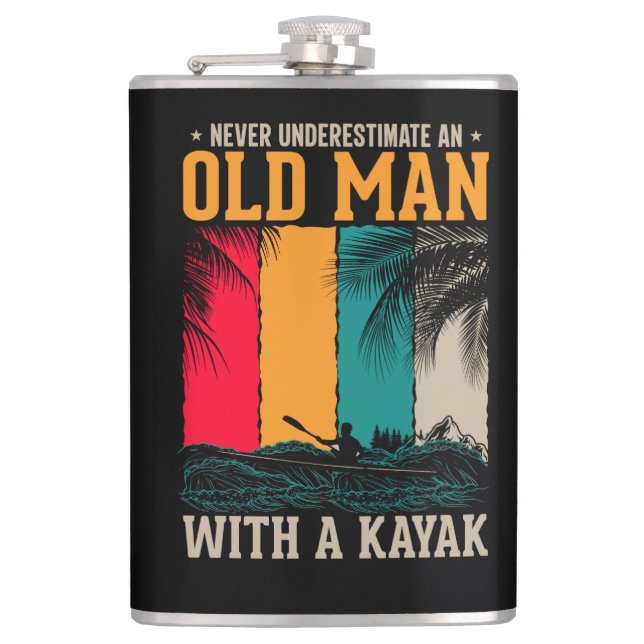 Never Underestimate Old Man With Kayak Hip Flask (Front)