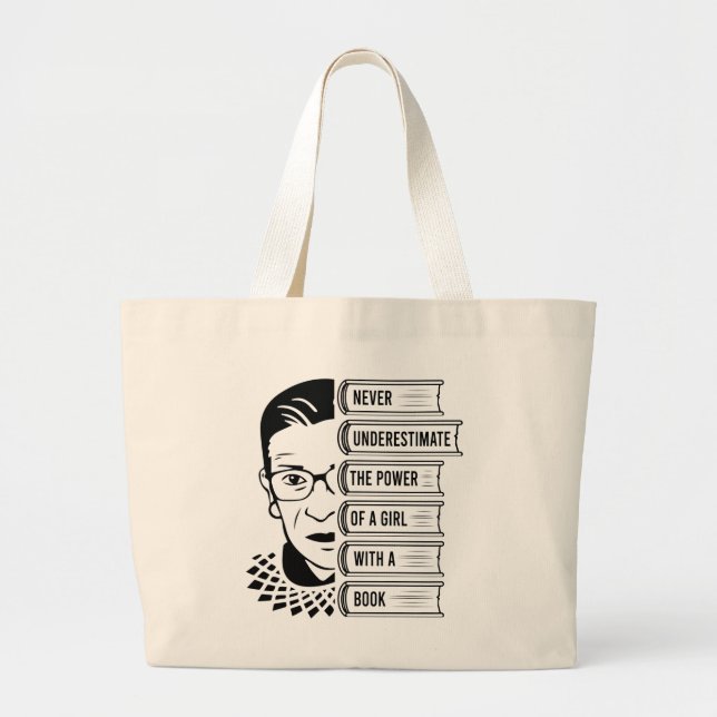 Never Underestimate Power of Girl With Book Large Tote Bag (Front)