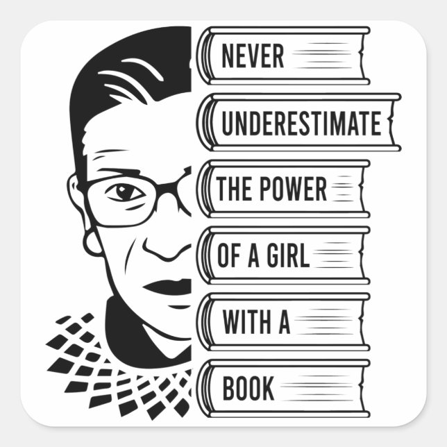 Never Underestimate Power of Girl With Book Square Sticker (Front)