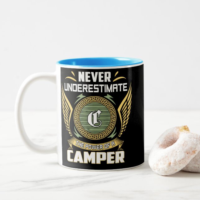 Never Underestimate The Power Of A Camper Two-Tone Coffee Mug (With Donut)