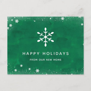 New Address at Christmas Green Watercolor and Snow Holiday Postcard