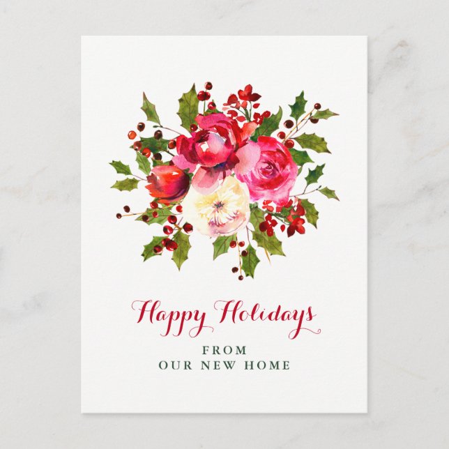 New Address at Christmas | Red and Green Flowers Holiday Postcard (Front)