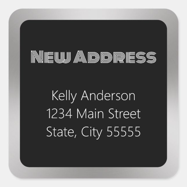 New Address Black and Silver Moving Announcement Square Sticker (Front)
