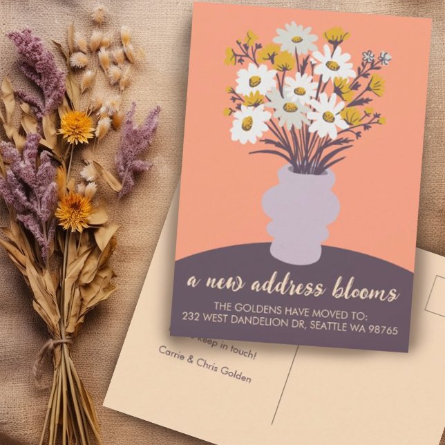 New Address Blooms Moving Announcement Bouquet Postcard (Custom moving announcement change of address postcard with charming daisy bouquet. )