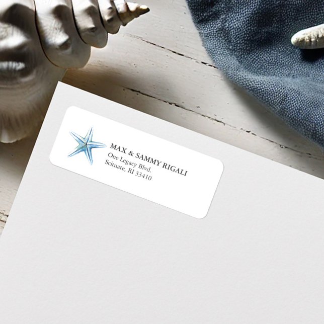 New Address Blue Starfish Return Address Label (Starfish return address label watercolor beach art by Victoria Grigaliunas Do Tell A Belle)