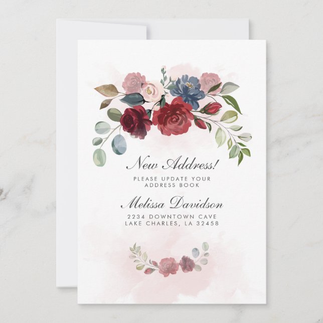 New Address Burgundy Floral New Home Moving Announcement (Front)