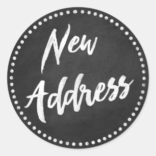 New Address Chalkboard Style White Classic Round Sticker