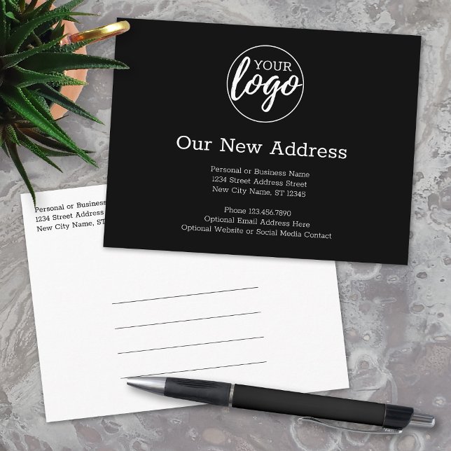 New Address Change with Business Logo Black Announcement Postcard (New Address Postcard with Office Return Address and Logo)