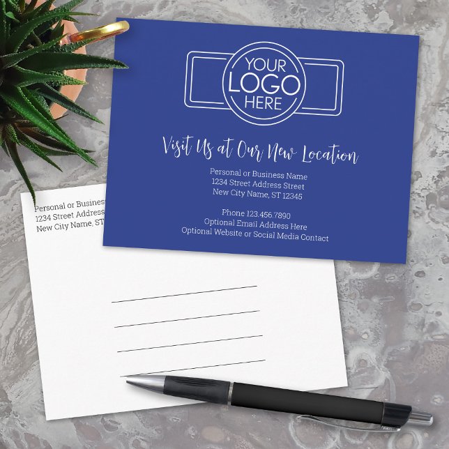 New Address Change with Business Logo Blue Announcement Postcard (New Address Postcard with Office Return Address and Logo)