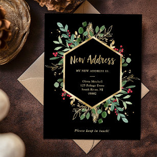 New Address   Christmas Gilded Greenery Black Postcard