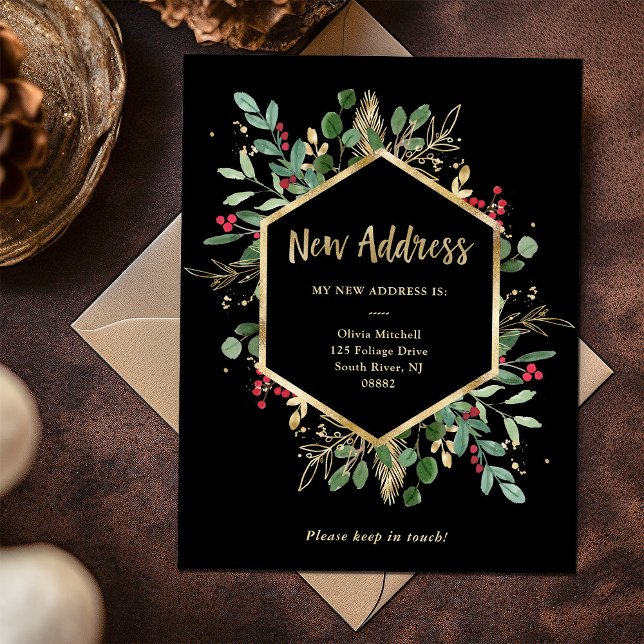 New Address | Christmas Gilded Greenery Black Postcard (Gilded greenery on black holiday change of address postcard)