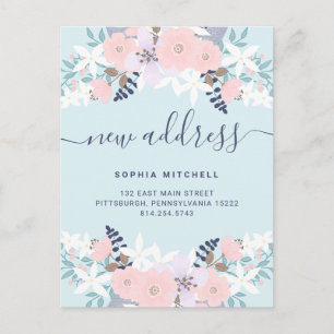 New Address Cute Blue Pastel Floral Moving Announcement Postcard