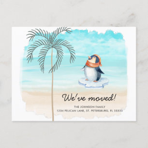 New Address Cute Penguin Florida Beach Moving  Announcement Postcard