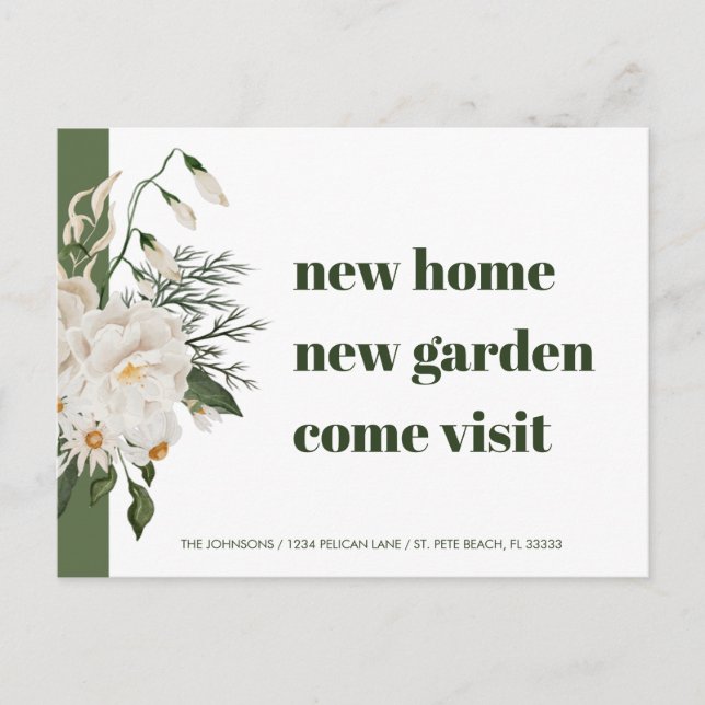 New Address Daisy Floral Green White Moving Announcement Postcard (Front)
