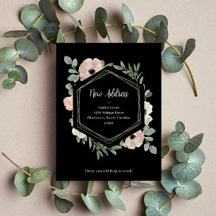 New Address   Dusty Peach Flowers on Black Postcard