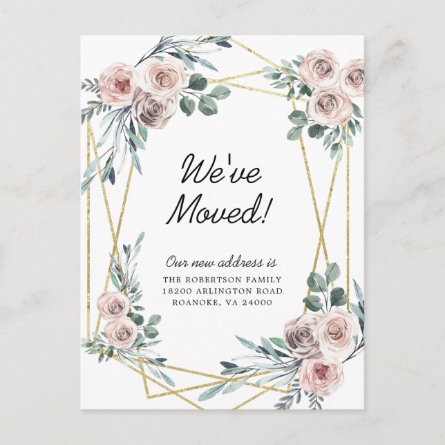 New Address Dusty Pink Floral Eucalyptus Moving Announcement Postcard (Front)