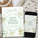 New Address Elegant Script Fine Foliage Moving Announcement<br><div class="desc">Elegant moving announcement card to customise with your own message,  name and new address. The design features elegant hand lettering and fine green and gold foliage.</div>