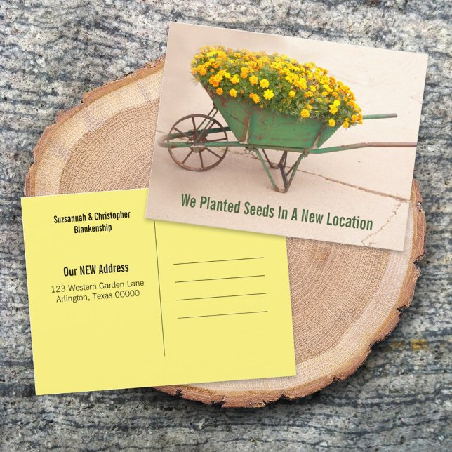 New Address Flowers Vintage Wheelbarrow Template Postcard (Creator Uploaded)