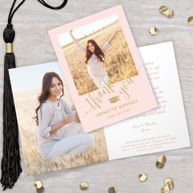 New Address & Graduation Photo Blush Pink & Gold Thank You Card (Creator Uploaded)