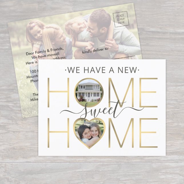 New Address Home Sweet Home White & Gold 3 Photo Announcement Postcard (Creator Uploaded)