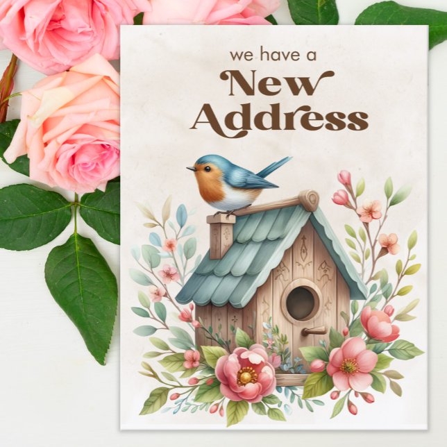 New Address Moving Announcement Birdhouse Flowers Postcard (Pink flowers and birdhouse change of address postcard)