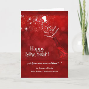 New Address New Year Champagne in Red Holiday Card