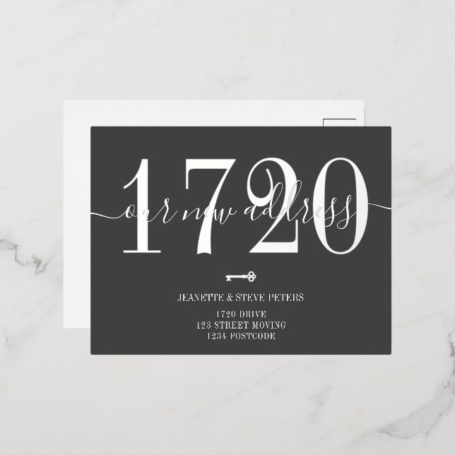New Address number grey silver script moving Foil Invitation Postcard (Front/Back)