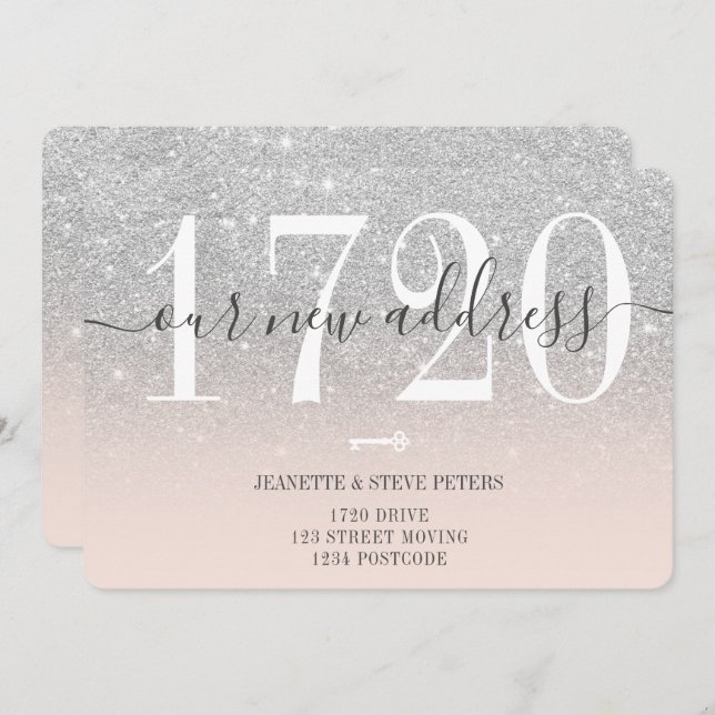 New Address number silver glitter script moving Announcement (Front/Back)