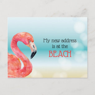 New Address Pink Flamingo on Bokeh Beach Moving Announcement Postcard