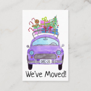 New Address purple Car with Christmas Gifts Business Card