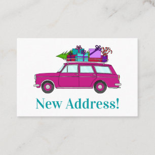 New Address purple Car with Christmas Gifts Business Card