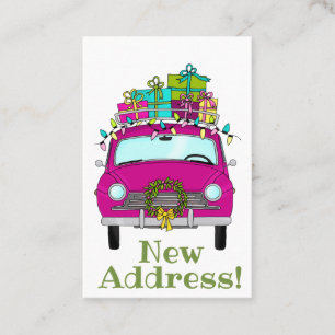 New Address Purple Car with Christmas Gifts Business Card