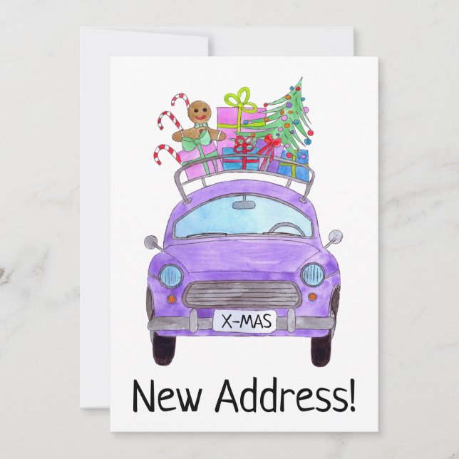 New Address Purple Car with Christmas Gifts Invitation (Front)