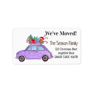 New Address Purple Car with Christmas Gifts Label